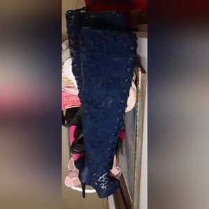 Navy Blue Lace-Up LACE Boots Above Knee Up To Thigh. NEW